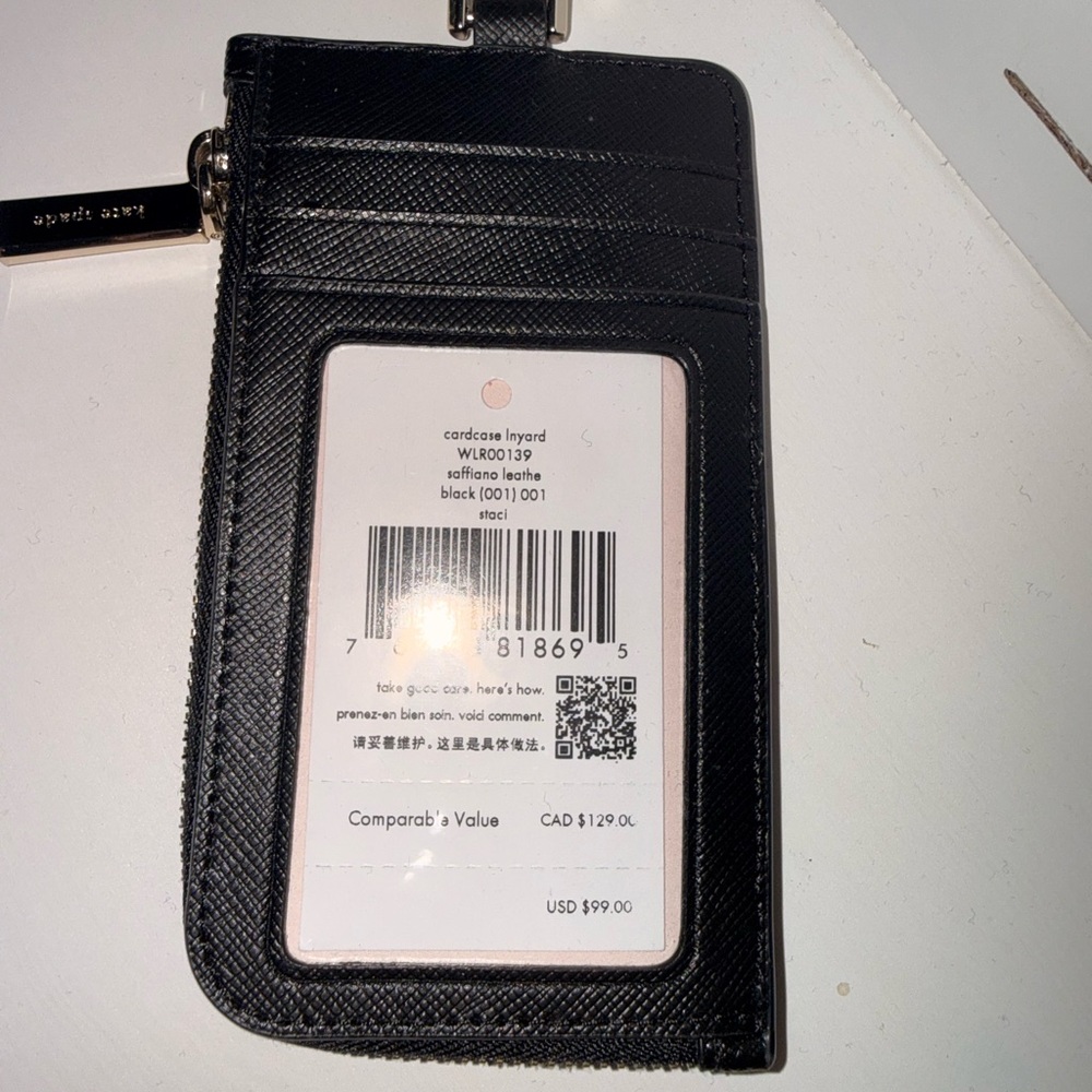kate spade black leather wristlet/lanyard card case with gold hardware - Picture 3 of 3